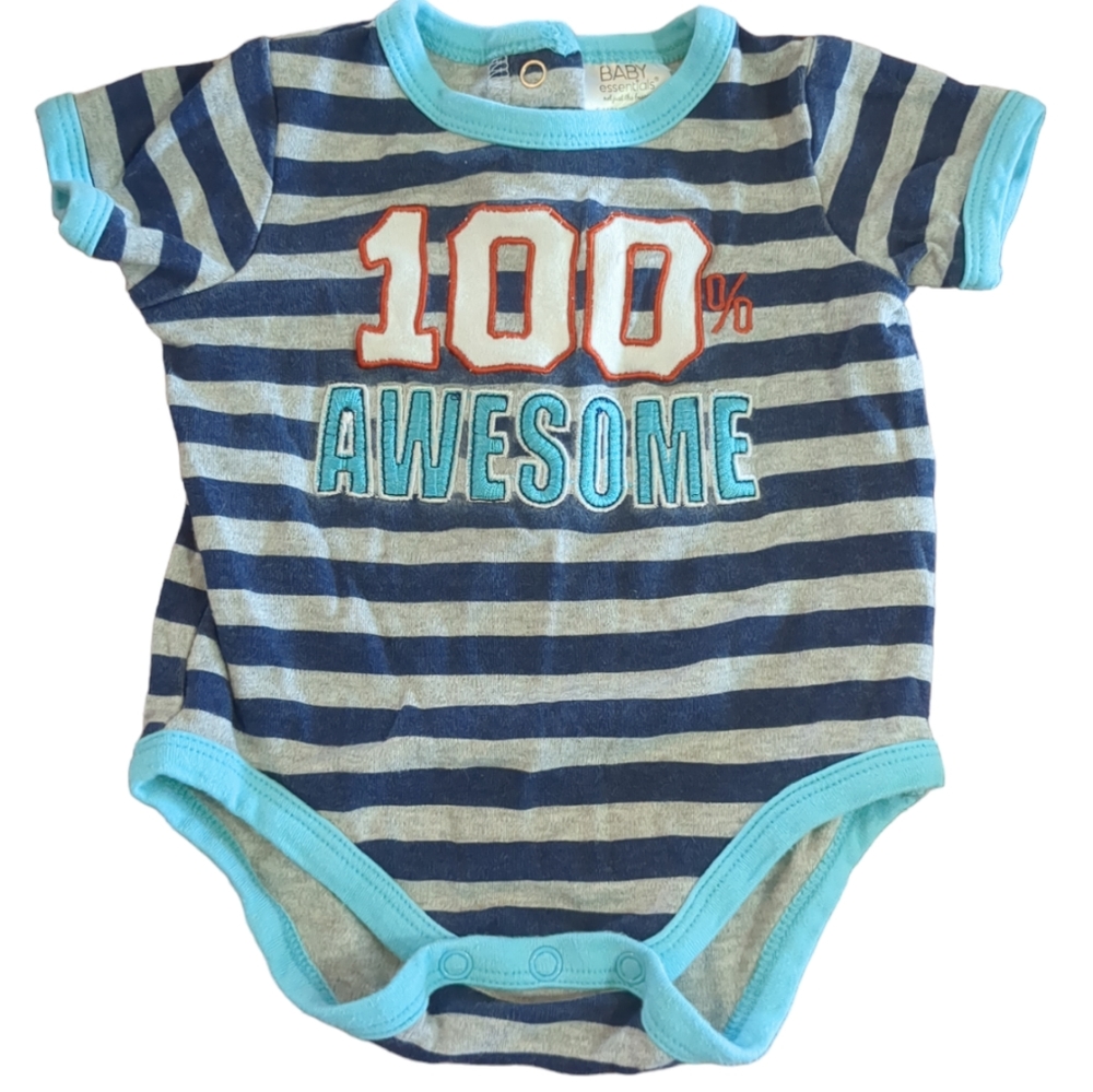 🍁2/$7🍁BABY ESSENTIALS Blue and Grey Striped 100% Awesome Onesie